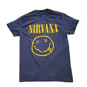 Nirvana T Shirt Mens L Blue Short Sleeve Smiley Face Logo 2016 Grunge Rock Band